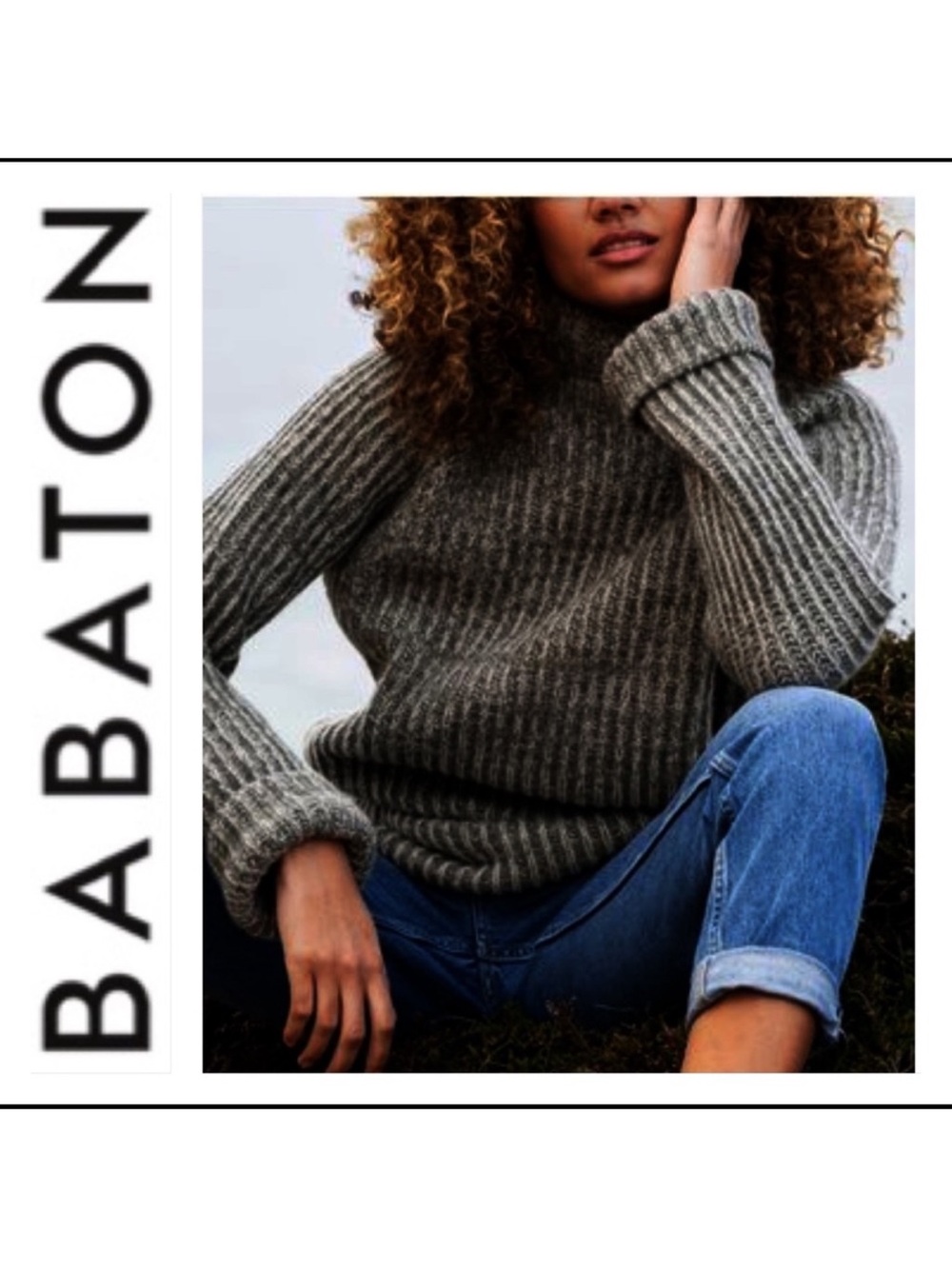Babaton Chunky Ribbed Wool Alpaca Mock Neck Sweater Heather Gray Oversized Cozy